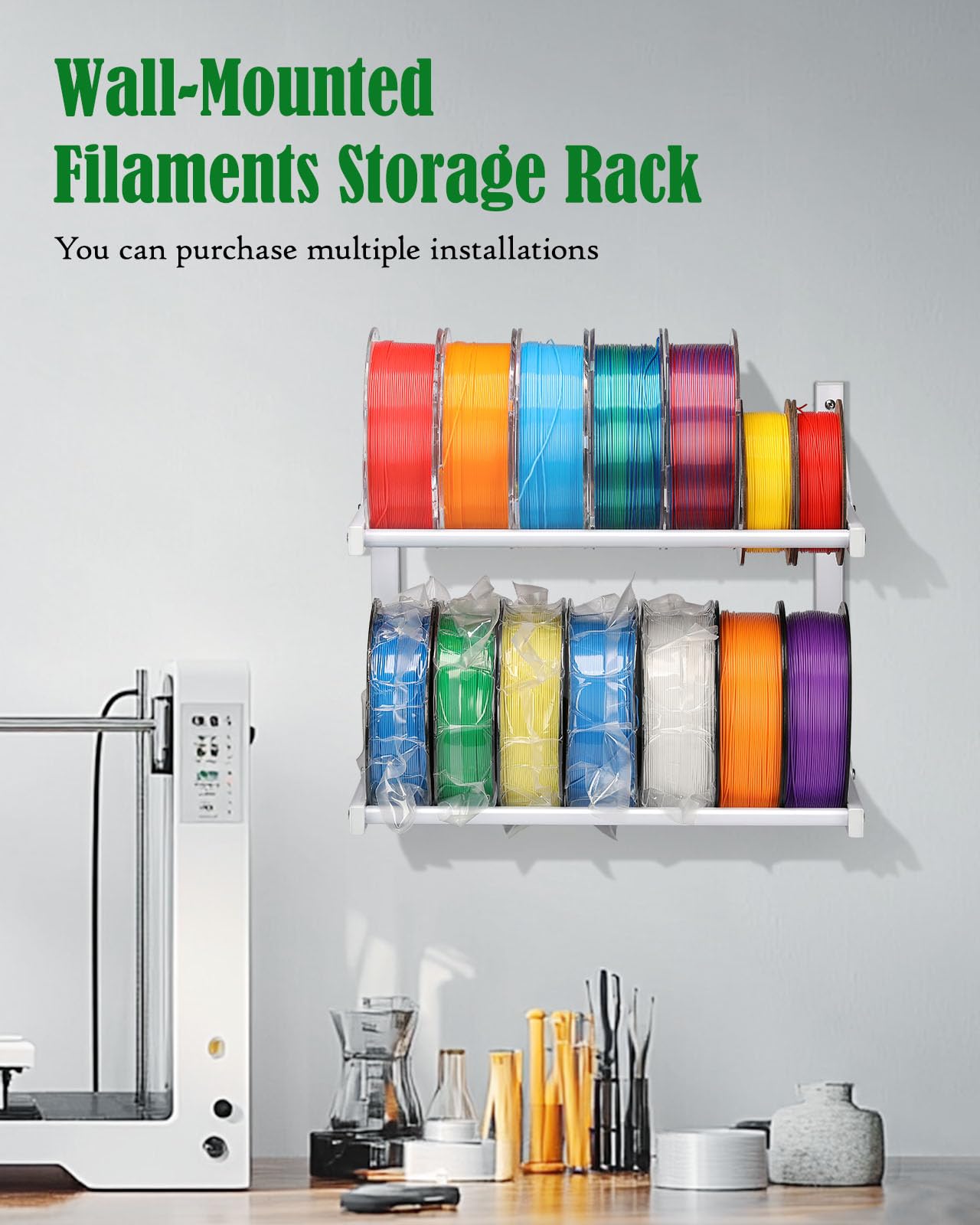 Ahowpd Wall Mount Filament Storage Rack  Wall Mount 3D Printer Filament Storage Rack 2 Tier Filament Spool Holders Racks, Heavy